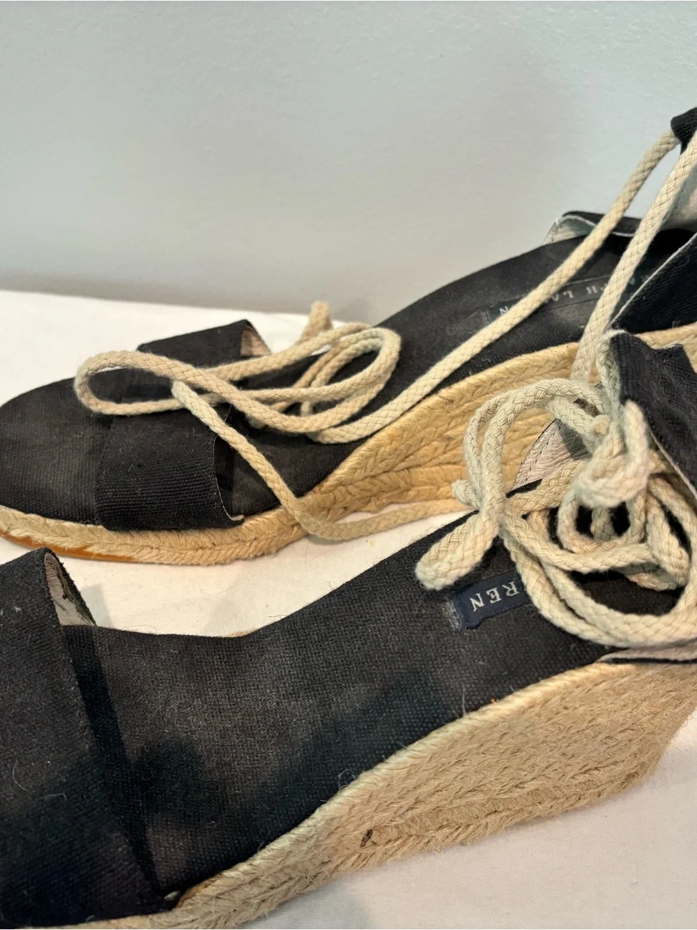 Ralph Lauren Black Canvas Espadrille Wedges with Rope Tie